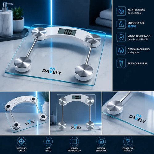 Balança Digital Corporal Vidro Temperado Alta Capacidade Balança De Banheiro Academia Portátil Pesagem Nutricionista Balanca 180kg Davely