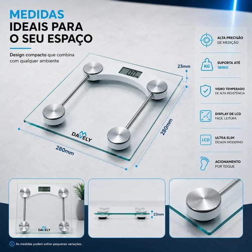 Balança Digital Corporal Vidro Temperado Alta Capacidade Balança De Banheiro Academia Portátil Pesagem Nutricionista Balanca 180kg Davely