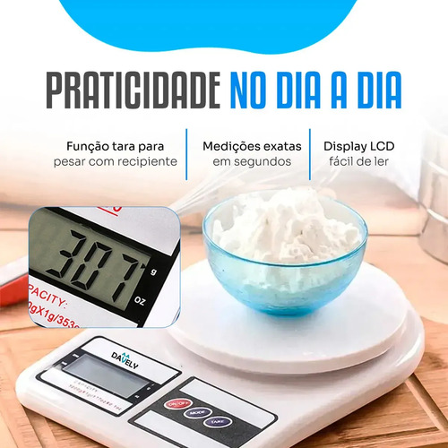 Balança Digital De Precisão 10kg Davely Cook Cozinha Para Uso Domestico E Profissional Fitness Ideal Para Dietas Treinos Alimentos Confeitaria Nutrição Branco