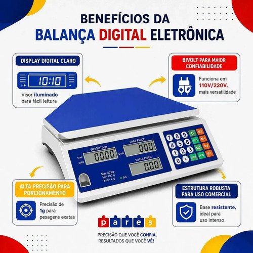 Balança Digital Eletrônica Comercial 40kg Precisão Comercio Loja Feira Mercado Azul Varejão Comerciante Marca Pares