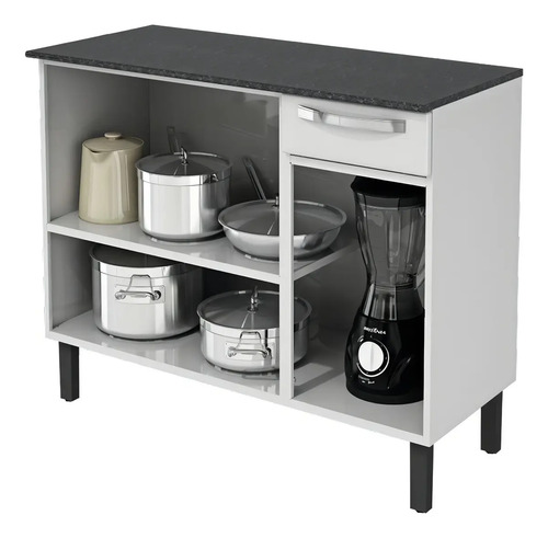 Balcão de Cozinha Itatiaia Aço 3 Portas 1 Gaveta Com Tampo de 105 CM Modelo Rose Branco Neve