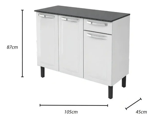 Balcão de Cozinha Itatiaia Aço 3 Portas 1 Gaveta Com Tampo de 105 CM Modelo Rose Branco Neve