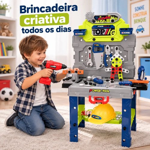 Bancada Ferramentas Infantil 132 Peças Com Furadeira Realista, Caixa Maleta 2 Em 1 E Kit Completo Para Brincar De Oficina
