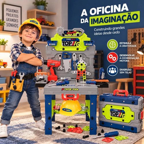 Bancada Ferramentas Infantil 132 Peças Com Furadeira Realista, Caixa Maleta 2 Em 1 E Kit Completo Para Brincar De Oficina