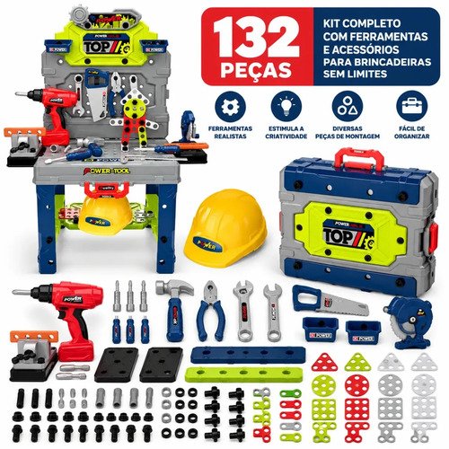 Bancada Ferramentas Infantil 132 Peças Com Furadeira Realista, Caixa Maleta 2 Em 1 E Kit Completo Para Brincar De Oficina