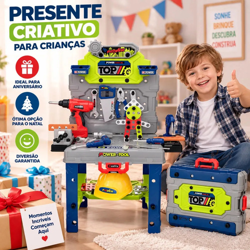 Bancada Ferramentas Infantil 132 Peças Com Furadeira Realista, Caixa Maleta 2 Em 1 E Kit Completo Para Brincar De Oficina