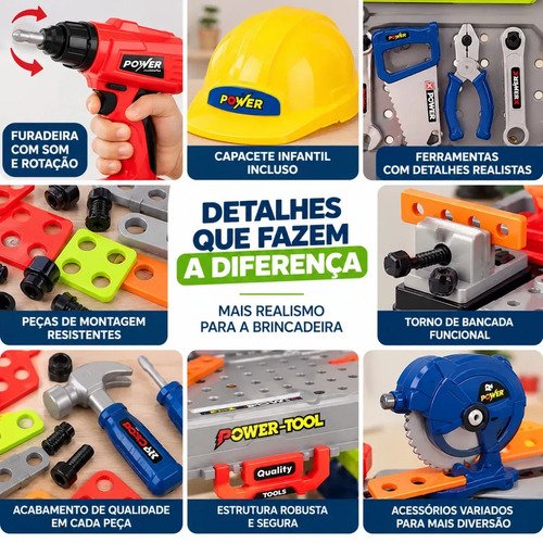 Bancada Ferramentas Infantil 132 Peças Com Furadeira Realista, Caixa Maleta 2 Em 1 E Kit Completo Para Brincar De Oficina