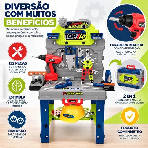 Bancada Ferramentas Infantil 132 Peças Com Furadeira Realista, Caixa Maleta 2 Em 1 E Kit Completo Para Brincar De Oficina