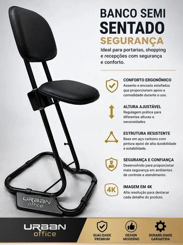Banco Semi Sentado Ergonômico Urban Office com Encosto, em Couro Sintético Preto