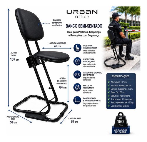 Banco Semi Sentado Ergonômico Urban Office com Encosto, em Couro Sintético Preto