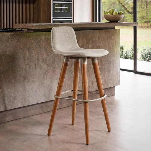 Banqueta alta linea luxo pes aco cobre assento linho cozinha
