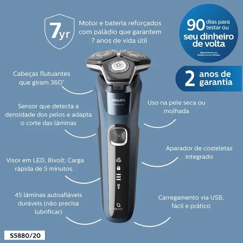 Barbeador Elétrico Power Adapt auto afiável, à prova d’água, Bivolt – S5880/20, Philips