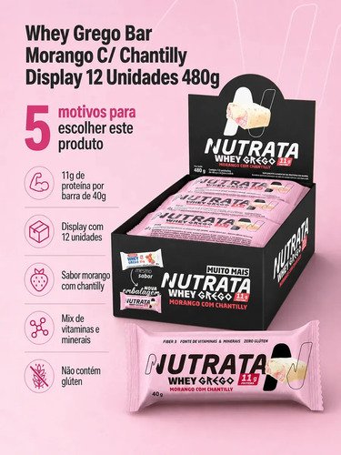 Barra de proteínas Nutrata WHEY Grego 40G sabor Morango com chantilly x 480g 12 un