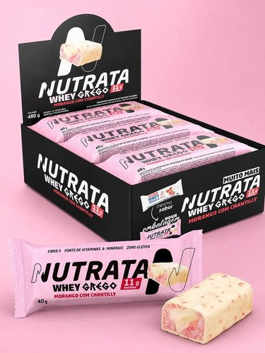 Barra de proteínas Nutrata WHEY Grego 40G sabor Morango com chantilly x 480g 12 un