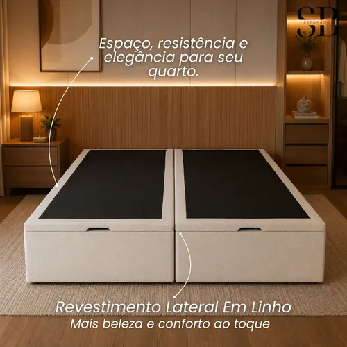 Base Box Baú Queen Sb 158x198 Em Linho E Com Pistão A Gás