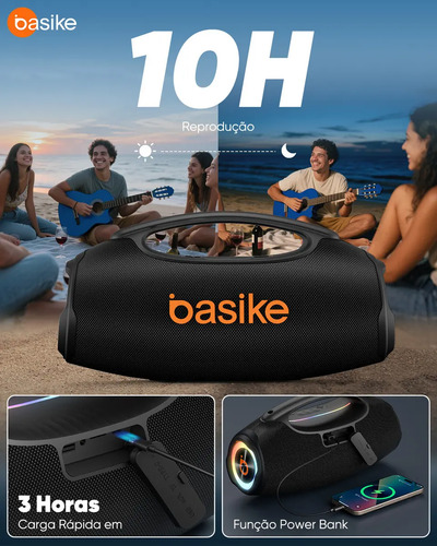 Basike Caixa de Som Boombox Plus 80W 8000Mah 10hrs Portátil Bluetooth 5.3 Sem fio IPX6 À Prova D'água Com Luz RGB Hifi TWS Bass Forte bombox Para TV Copa Mundo 2026 Sabala Festa Casa Subwoofer RAD337