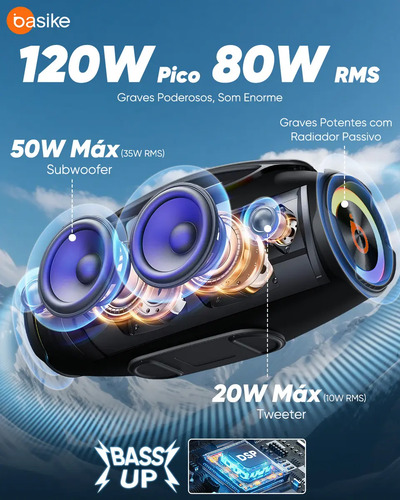 Basike Caixa de Som Boombox Plus 80W 8000Mah 10hrs Portátil Bluetooth 5.3 Sem fio IPX6 À Prova D'água Com Luz RGB Hifi TWS Bass Forte bombox Para TV Copa Mundo 2026 Sabala Festa Casa Subwoofer RAD337