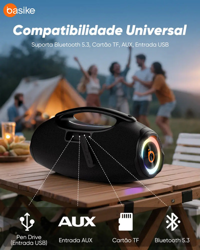 Basike Caixa de Som Boombox Plus 80W 8000Mah 10hrs Portátil Bluetooth 5.3 Sem fio IPX6 À Prova D'água Com Luz RGB Hifi TWS Bass Forte bombox Para TV Copa Mundo 2026 Sabala Festa Casa Subwoofer RAD337
