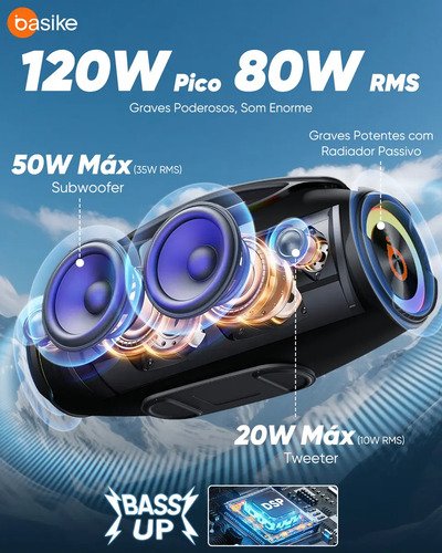 Basike Caixa de Som Portátil Com Bluetooth Boombox 80W 8000Mah 10hrs Sem fio IPX6 À Prova D'água Com Bateria Recarregavel Luz RGB Hifi TWS Bass Forte Áudio de Alta Qualid Para TV Festa Casa Subwoofer