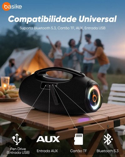 Basike Caixa de Som Portátil Com Bluetooth Boombox 80W 8000Mah 10hrs Sem fio IPX6 À Prova D'água Com Bateria Recarregavel Luz RGB Hifi TWS Bass Forte Áudio de Alta Qualid Para TV Festa Casa Subwoofer