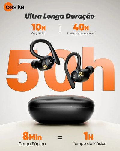 Basike Fone de Ouvido Bluetooth 5.4 TWS com Ear Clip e Gancho, Som HiFi com Graves Potentes e 3D, 10h Bateria e Carga Rápida, ENC, IPX6 – Perfeito para Academia e Corrida