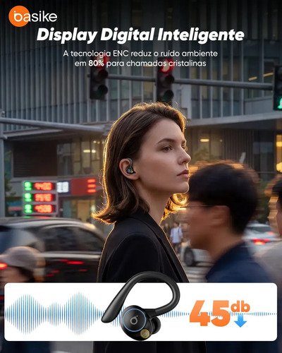 Basike Fone de Ouvido Bluetooth 5.4 TWS com Ear Clip e Gancho, Som HiFi com Graves Potentes e 3D, 10h Bateria e Carga Rápida, ENC, IPX6 – Perfeito para Academia e Corrida