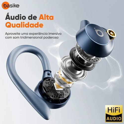 Basike Fone de Ouvido Bluetooth 5.4 TWS com Ear Clip e Gancho, Som HiFi com Graves Potentes e 3D, 10h Bateria e Carga Rápida, ENC, IPX6 – Perfeito para Academia e Corrida