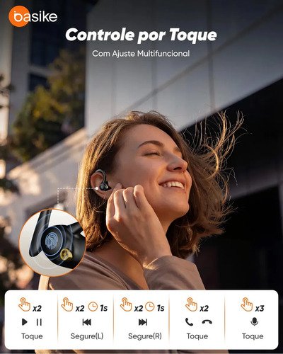 Basike Fone de Ouvido Bluetooth 5.4 TWS com Ear Clip e Gancho, Som HiFi com Graves Potentes e 3D, 10h Bateria e Carga Rápida, ENC, IPX6 – Perfeito para Academia e Corrida