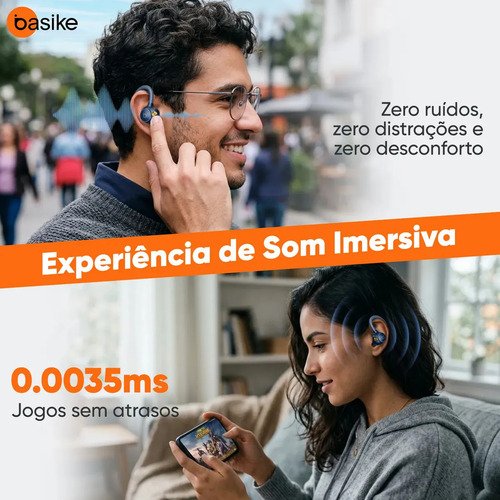 Basike Fone de Ouvido Bluetooth 5.4 TWS com Ear Clip e Gancho, Som HiFi com Graves Potentes e 3D, 10h Bateria e Carga Rápida, ENC, IPX6 – Perfeito para Academia e Corrida