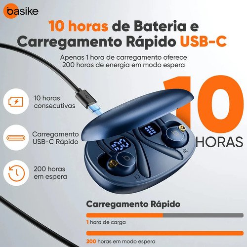 Basike Fone de Ouvido Bluetooth 5.4 TWS com Ear Clip e Gancho, Som HiFi com Graves Potentes e 3D, 10h Bateria e Carga Rápida, ENC, IPX6 – Perfeito para Academia e Corrida