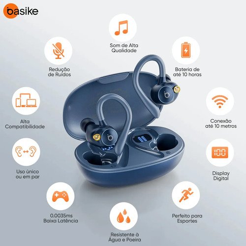 Basike Fone de Ouvido Bluetooth 5.4 TWS com Ear Clip e Gancho, Som HiFi com Graves Potentes e 3D, 10h Bateria e Carga Rápida, ENC, IPX6 – Perfeito para Academia e Corrida