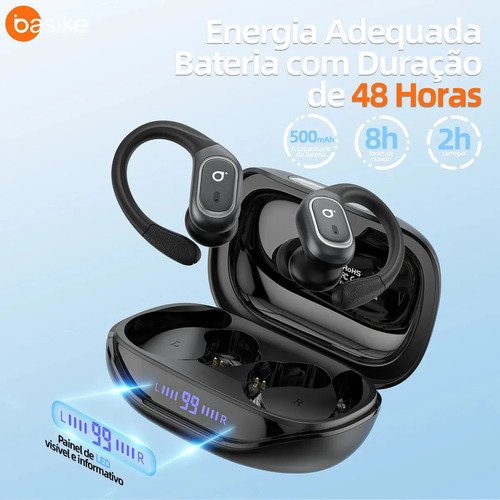 Basike Fone De Ouvido Bluetooth 6.0 Esportivo Sem Fio Gancho Intra-auricular,estéreo,Com display Led, Tws, Ipx5, Enc, Suporta Chamadas De Voz, Compatível Android E Ios, Cor Preto