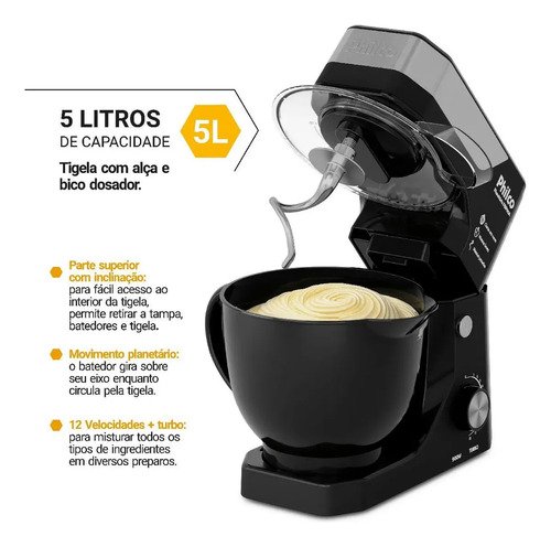 Batedeira Planetária Philco 900W 5L Preta 12 Velocidades Turbo PBP90A