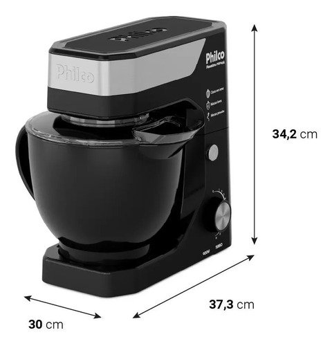 Batedeira Planetária Philco 900W 5L Preta 12 Velocidades Turbo PBP90A