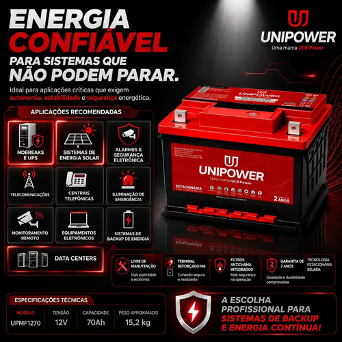 Bateria Estacionária 12V 70Ah Unipower UPMF1270 Servidores Data Center UPS Nobreak Telecomunicações Sistema Solar DF1000