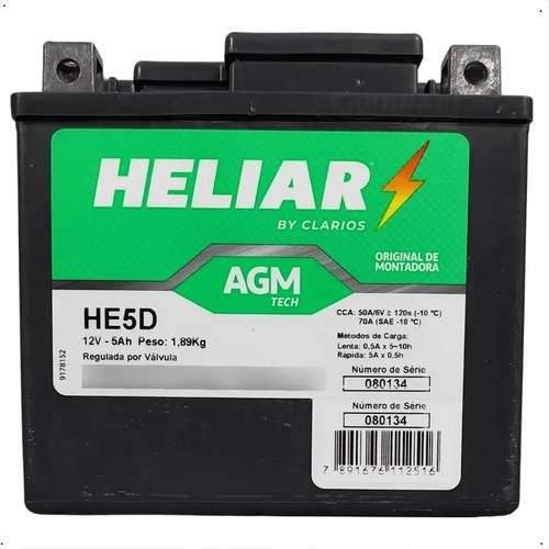 Bateria Heliar Htz6l 12v 5ah Moto Honda Fan Bros Xre 125/150