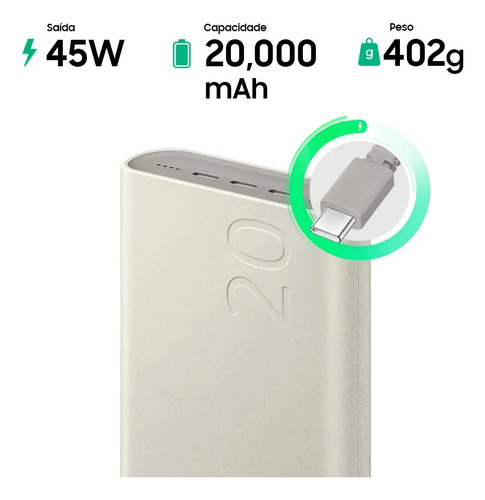 Bateria Samsung Carregador Portatil 3x USB-C 20000mAh Super Rapida 45W