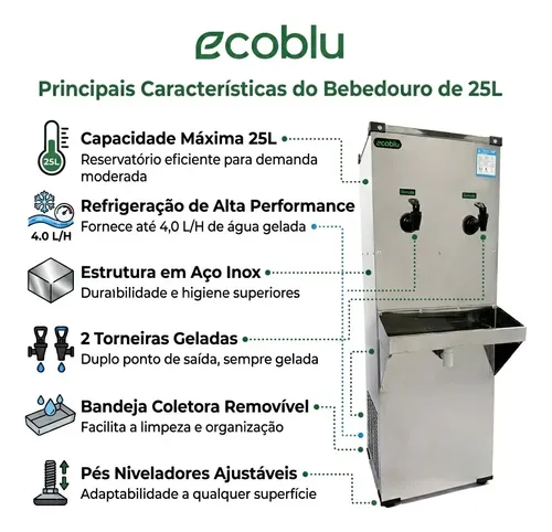 Bebedouro De Coluna Inox 25l 220v 2 Torneiras Geladas Ecoblu