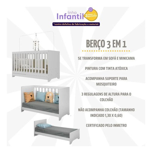 Berço 3 em 1 para Colchão 60 x 130cm vira sofá e minicama 3 anos de garantia Multimóveis Branco