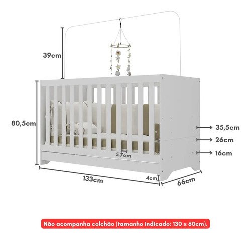 Berço 3 em 1 para Colchão 60 x 130cm vira sofá e minicama 3 anos de garantia Multimóveis Branco