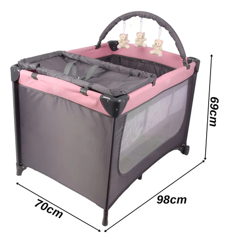 Berço Cercado Portátil Desmontável Para Bebê Rosa 2 Alturas Com Mosquiteiro Trocador Bolsa Travas De Segurança