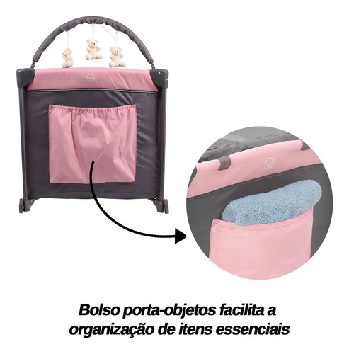 Berço Cercado Portátil Desmontável Para Bebê Rosa 2 Alturas Com Mosquiteiro Trocador Bolsa Travas De Segurança