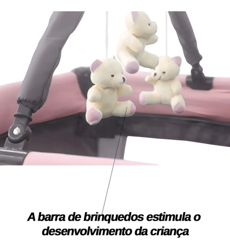 Berço Cercado Portátil Desmontável Para Bebê Rosa 2 Alturas Com Mosquiteiro Trocador Bolsa Travas De Segurança