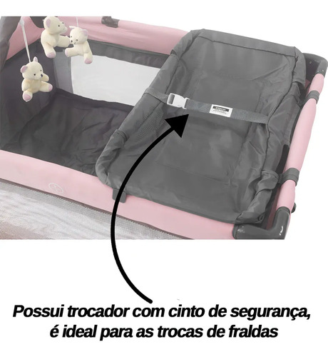 Berço Cercado Portátil Desmontável Para Bebê Rosa 2 Alturas Com Mosquiteiro Trocador Bolsa Travas De Segurança