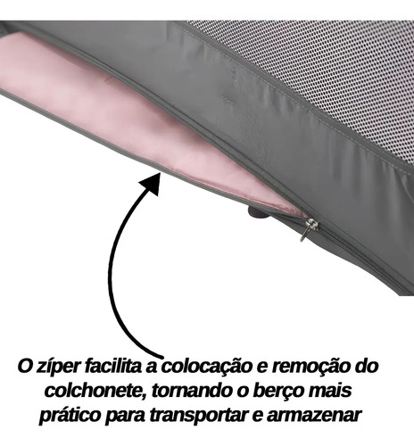 Berço Cercado Portátil Desmontável Para Bebê Rosa 2 Alturas Com Mosquiteiro Trocador Bolsa Travas De Segurança