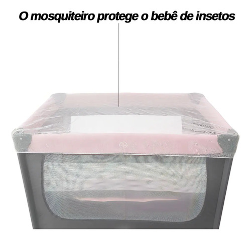 Berço Cercado Portátil Desmontável Para Bebê Rosa 2 Alturas Com Mosquiteiro Trocador Bolsa Travas De Segurança