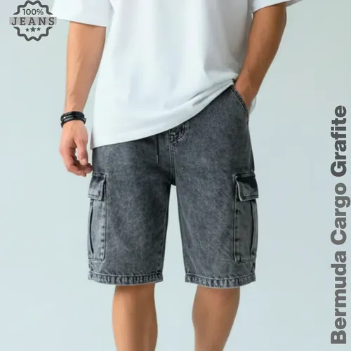 Bermuda jeans cargo baggy masculina streetwear mesclada