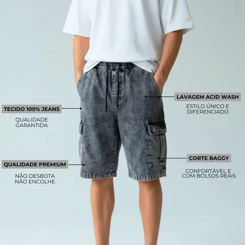 Bermuda Jeans Cargo Baggy Masculina Streetwear Mesclada