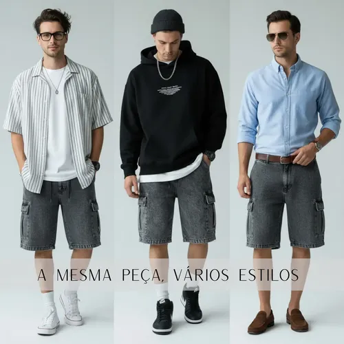 Bermuda Jeans Cargo Baggy Masculina Streetwear Mesclada