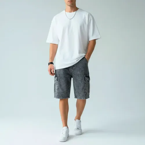Bermuda Jeans Cargo Baggy Masculina Streetwear Mesclada